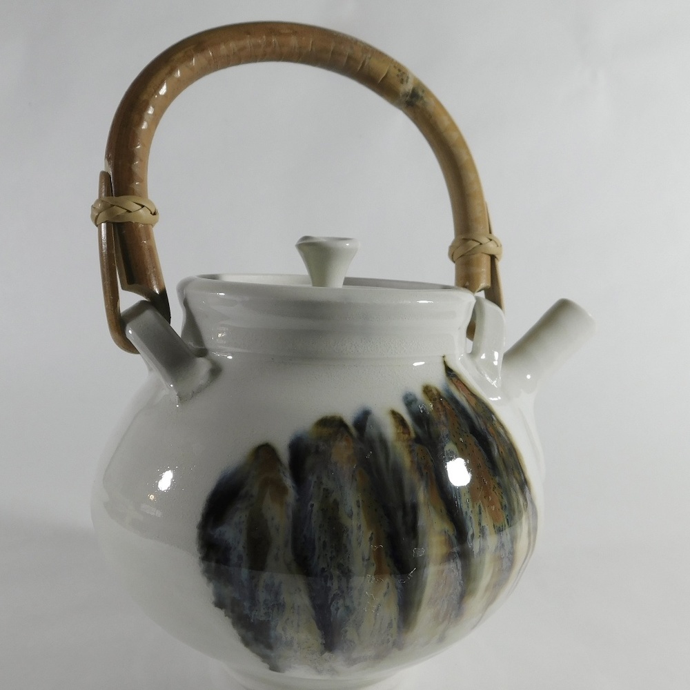 Studio Pottery Bamboo Handle RaKu Stoneware Teapot Signed